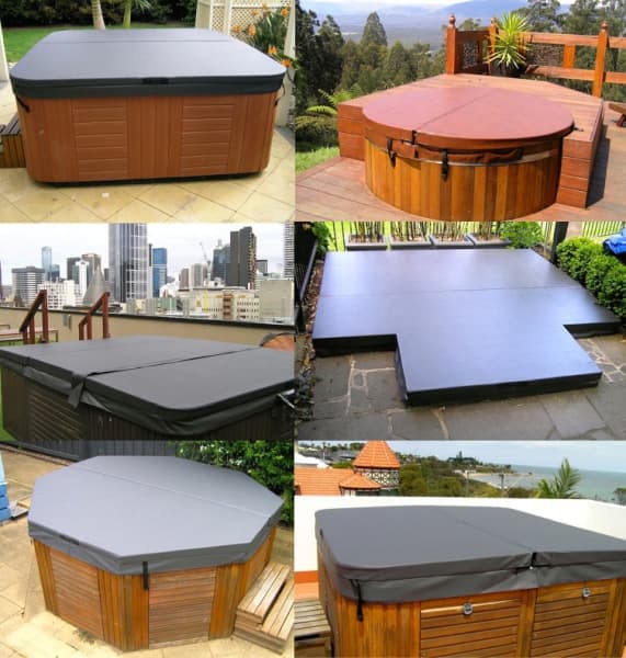 collage of spa pools in various shapes and sizes with spa covers